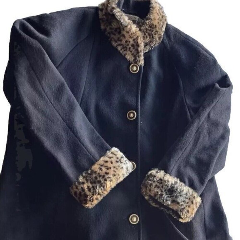 Vintage Leslie Fay Womens Sz L-XL Black Leopard Wool Long Coat Made in USA